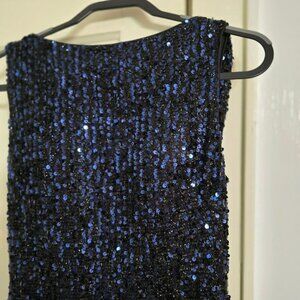 4  Ieena for Mac Duggal Sequin Lined Sleeveless Draped Cowl Back Gown Navy Dress